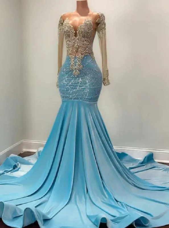 Light Blue Velvet Long Prom Dresses 2024 Luxury Black Girls Diamonds Bead Rhinestones Long Sleeves Evening Party Birthday Gowns Light Blue Velvet Long Prom Dresses 2024 Luxury Black Girls Diamonds Bead Rhinestones Long Sleeves Evening Party Birthday Gowns