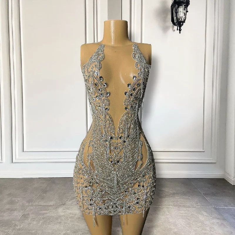 Sexy See Through Sheer Black Girls Short Prom Dresses Luxury Diamond Silver Crystals Women Mini Formal Birthday Party Gowns Sexy See Through Sheer Black Girls Short Prom Dresses Luxury Diamond Silver Crystals Women Mini Formal Birthday Party Gowns