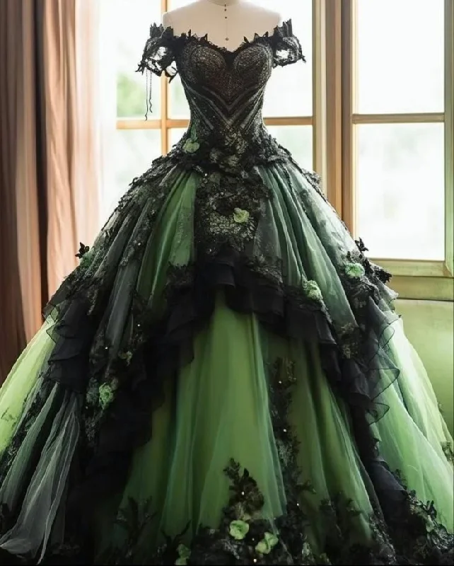 Off Shoulder Black And Green Tulle Appliques Quinceanera Dress A Line Ball Gown cc2386 Off Shoulder Black And Green Tulle Appliques Quinceanera Dress A Line Ball Gown cc2386