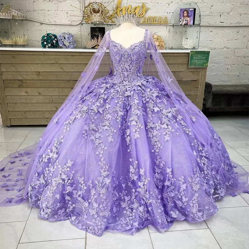 Lilac lavender Butterfly Quinceanera Dresses With Cape Lace Applique Sweet 16 Dress Mexican Prom Gowns Vestidos De XV Anos Lilac lavender Butterfly Quinceanera Dresses With Cape Lace Applique Sweet 16 Dress Mexican Prom Gowns Vestidos De XV Anos