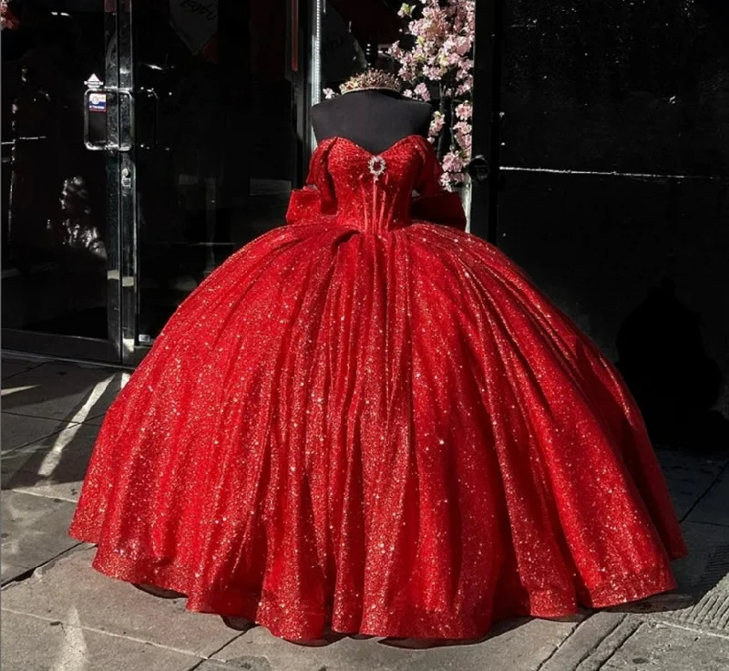 Shinning Red Ball Gown Quinceanera Dress Off The Shoulder Mexican Sweet 16 Dress Princess Lace-up Vestido De 15 Años Shinning Red Ball Gown Quinceanera Dress Off The Shoulder Mexican Sweet 16 Dress Princess Lace-up Vestido De 15 Años
