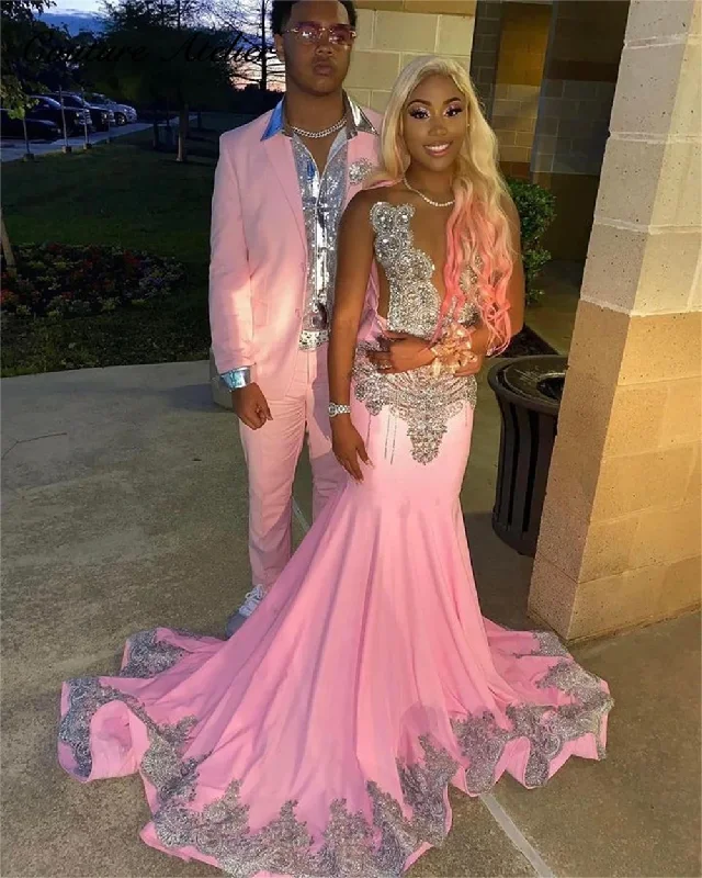 Sliver Crystal Beading Pink Lace Appliques Train Mermaid Prom Dresses Birthday Dress For Black Girl Luxury 2024 Cocktail Dresses Sliver Crystal Beading Pink Lace Appliques Train Mermaid Prom Dresses Birthday Dress For Black Girl Luxury 2024 Cocktail Dresses