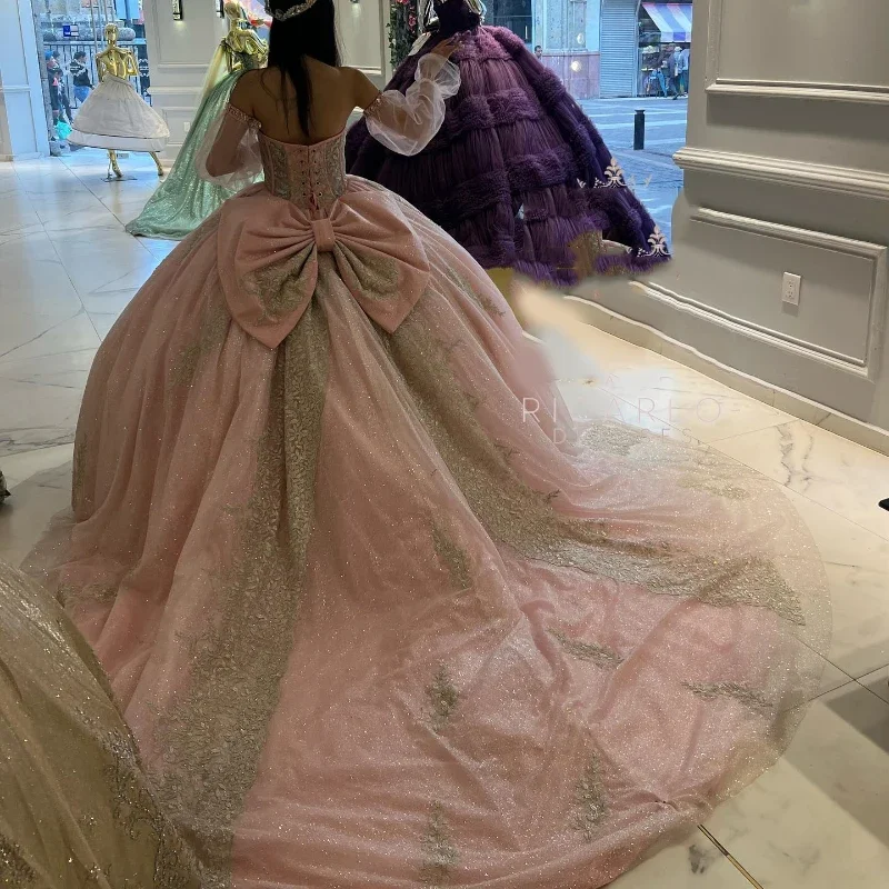 Sparkly Pink Sweetheart Off The Shoulder Quinceanera Dresses Ball Gown Applique Lace Beads Crystal Princess Dress vestidos de 15 Sparkly Pink Sweetheart Off The Shoulder Quinceanera Dresses Ball Gown Applique Lace Beads Crystal Princess Dress vestidos de 15