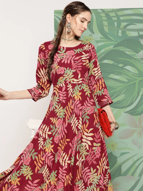 InWeave Women's Red Tropical Print Gota Long Dress