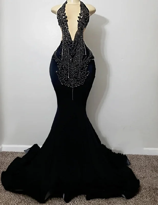Black Tassels Crystal Halter Prom Dresses For Black Girls Silver Beaded Mermaid Wedding Evening Dress Luxious Formal Black Tassels Crystal Halter Prom Dresses For Black Girls Silver Beaded Mermaid Wedding Evening Dress Luxious Formal