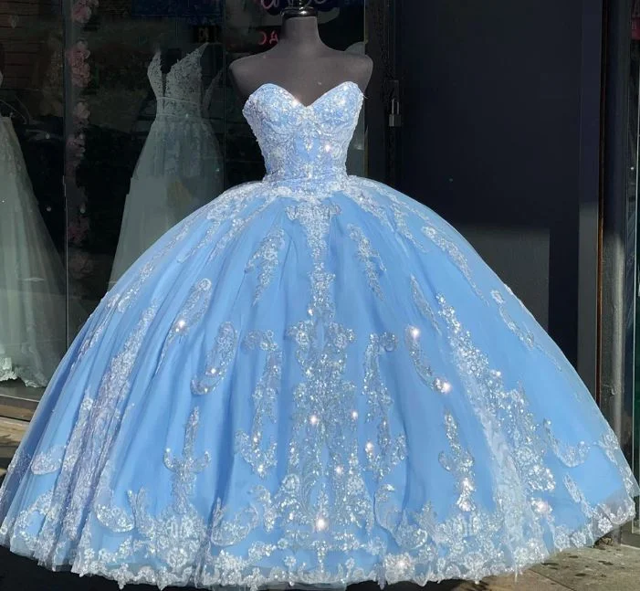 Pretty Blue Strapless Tulle Appliques Quinceanera Dress Sweet 16 Ball Gown cc2216