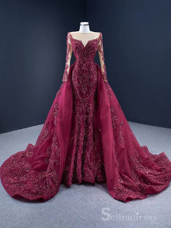 Feature Mermaid Long Sleeve Prom Dress Beaded Burgundy Evening Gowns DWH67250