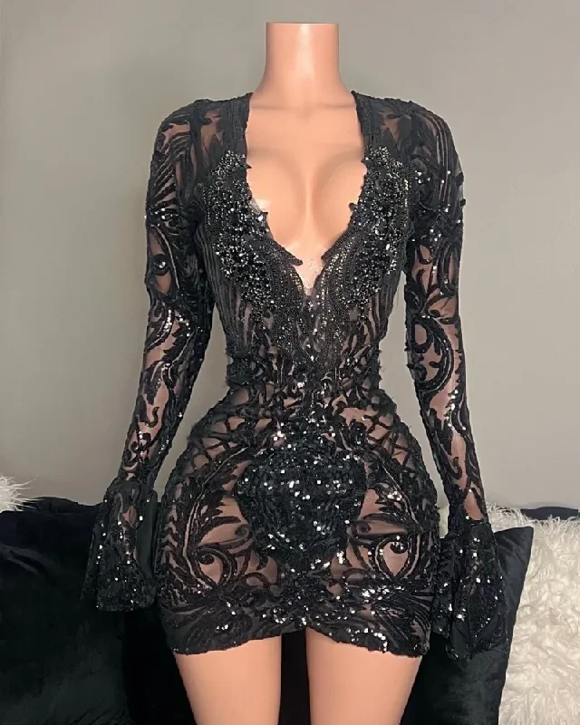 Sexy Little Black Prom Dresses Long Sleeves Sequin Fitted Birthday Party Gowns Beading Short Vestidos De Gala Para Sexy Little Black Prom Dresses Long Sleeves Sequin Fitted Birthday Party Gowns Beading Short Vestidos De Gala Para