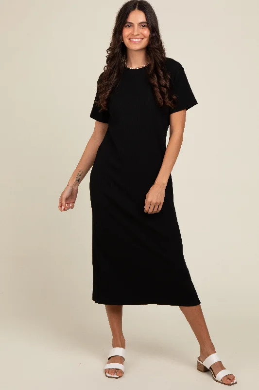 Black Short Sleeve Side Slit T-Shirt Midi Dress