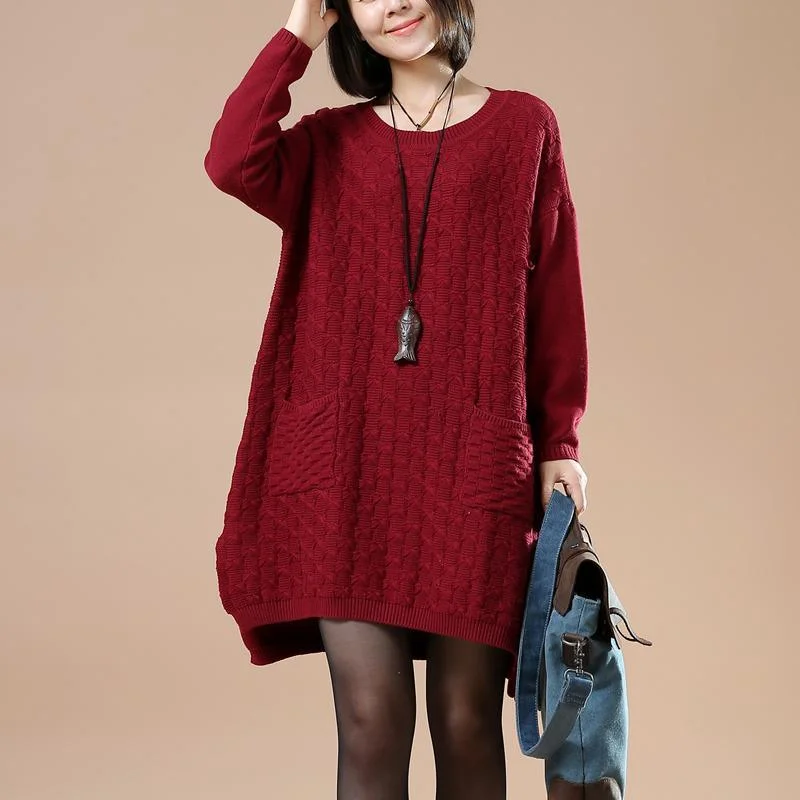 Burgundy cute sweater dresses witner knit pullover