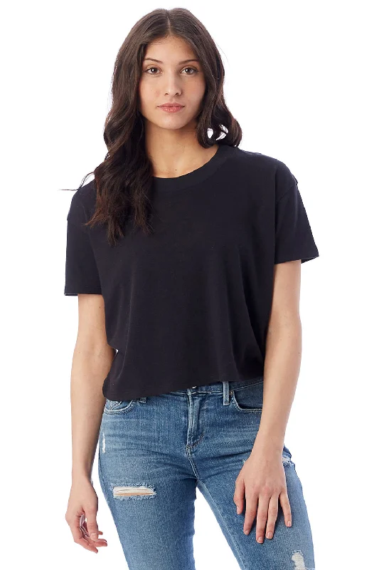 Alternative Womens Headliner Cropped Short Sleeve Crewneck T-Shirt - Black Ribbed Striped Patterned Alternative Womens Headliner Cropped Short Sleeve Crewneck T-Shirt - Black Ribbed Striped Patterned
