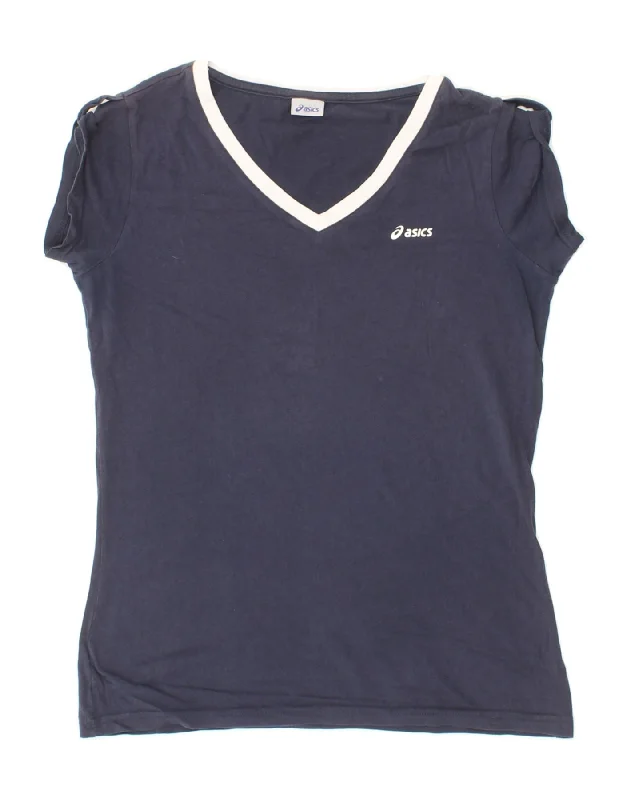 ASICS Womens T-Shirt Top UK 14 Medium Navy Blue Cotton Welt Pockets Slit Pockets