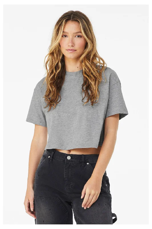 Bella + Canvas Womens Jersey Cropped Short Sleeve Crewneck T-Shirt - Heather Grey Denim Fabric Leather Fabric Suede Fabric Bella + Canvas Womens Jersey Cropped Short Sleeve Crewneck T-Shirt - Heather Grey Denim Fabric Leather Fabric Suede Fabric