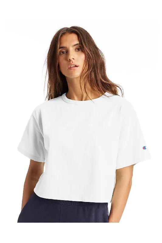 Champion Womens Heritage Cropped Short Sleeve Crewneck T-Shirt - White Zippered Front Buttoned Front Snap Front Champion Womens Heritage Cropped Short Sleeve Crewneck T-Shirt - White Zippered Front Buttoned Front Snap Front