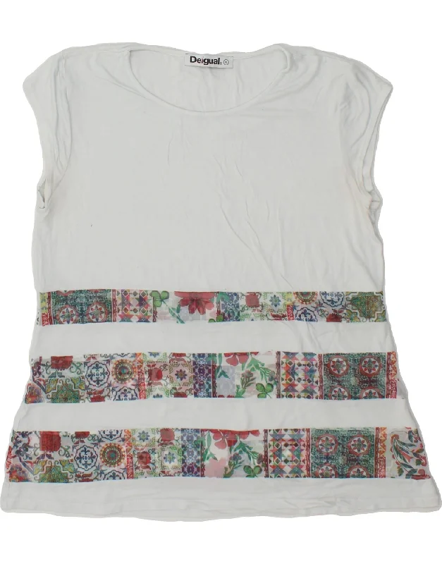 DESIGUAL Womens T-Shirt Top UK 18 XL White Floral Striped Floral Plaid