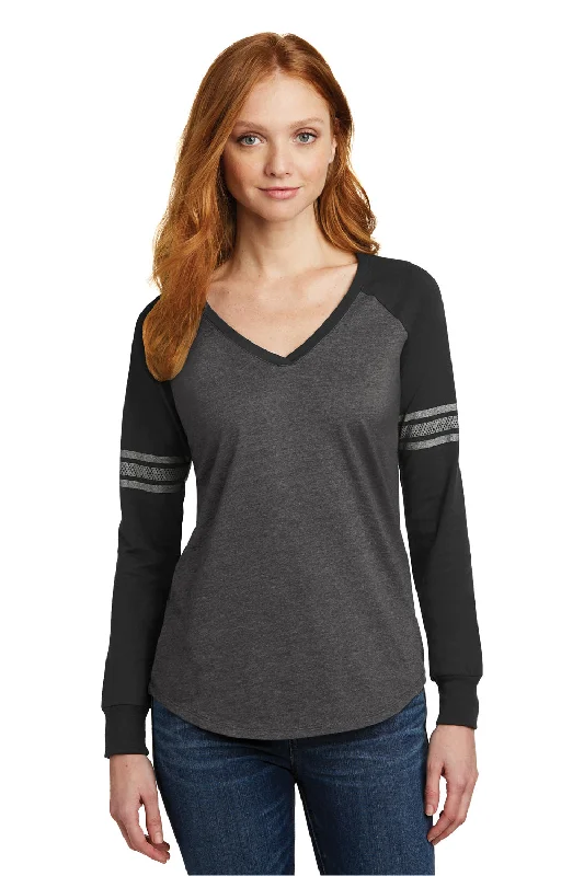District Womens Game Long Sleeve V-Neck T-Shirt - Heather Charcoal Grey/Black/Silver Grey - Closeout Knit Fabric Woven Fabric Fleece Fabric District Womens Game Long Sleeve V-Neck T-Shirt - Heather Charcoal Grey/Black/Silver Grey - Closeout Knit Fabric Woven Fabric Fleece Fabric