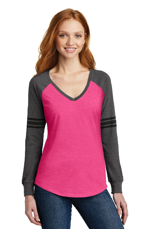 District Womens Game Long Sleeve V-Neck T-Shirt - Heather Dark Fuchsia Pink/Heather Charcoal Grey/Black - Closeout Collared Crew Neck Turtle Neck District Womens Game Long Sleeve V-Neck T-Shirt - Heather Dark Fuchsia Pink/Heather Charcoal Grey/Black - Closeout Collared Crew Neck Turtle Neck