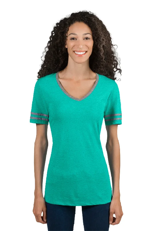 Jerzees Womens Varsity Ringer Moisture Wicking Short Sleeve V-Neck T-Shirt - Heather Mint Green/Oxford Grey - Closeout Striped Floral Plaid Jerzees Womens Varsity Ringer Moisture Wicking Short Sleeve V-Neck T-Shirt - Heather Mint Green/Oxford Grey - Closeout Striped Floral Plaid