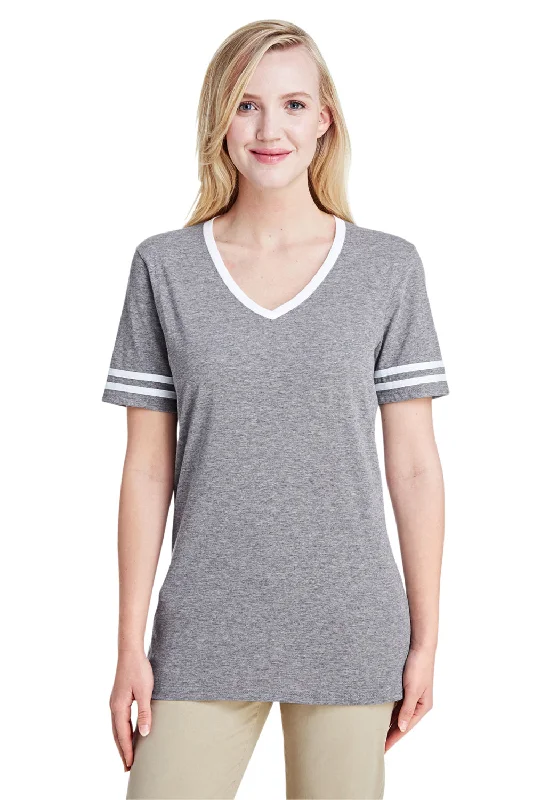 Jerzees Womens Varsity Ringer Moisture Wicking Short Sleeve V-Neck T-Shirt - Heather Oxford Grey/White - Closeout Terry Blend Velvet Blend Canvas Blend Jerzees Womens Varsity Ringer Moisture Wicking Short Sleeve V-Neck T-Shirt - Heather Oxford Grey/White - Closeout Terry Blend Velvet Blend Canvas Blend