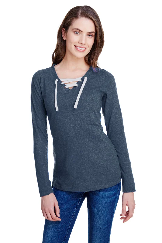 LAT Womens Fine Jersey Lace Up Long Sleeve V-Neck T-Shirt - Vintage Navy Blue Hooded Caped Shawl Collar LAT Womens Fine Jersey Lace Up Long Sleeve V-Neck T-Shirt - Vintage Navy Blue Hooded Caped Shawl Collar