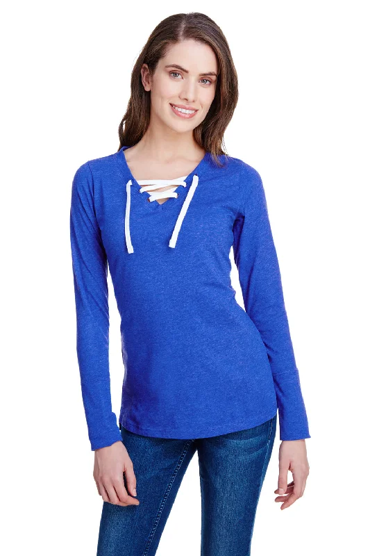 LAT Womens Fine Jersey Lace Up Long Sleeve V-Neck T-Shirt - Vintage Royal Blue Collared T-Shirt Boat Neck A-Line LAT Womens Fine Jersey Lace Up Long Sleeve V-Neck T-Shirt - Vintage Royal Blue Collared T-Shirt Boat Neck A-Line