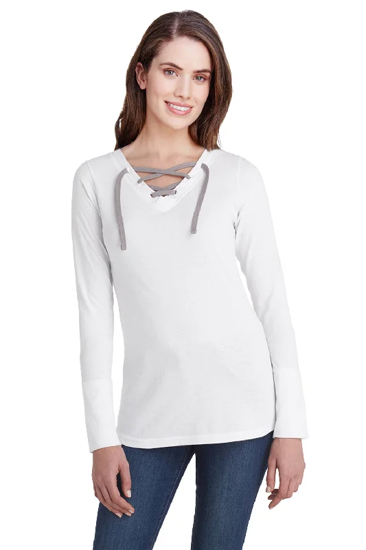 LAT Womens Fine Jersey Lace Up Long Sleeve V-Neck T-Shirt - White Front Pockets Side Pockets Patch Pockets LAT Womens Fine Jersey Lace Up Long Sleeve V-Neck T-Shirt - White Front Pockets Side Pockets Patch Pockets