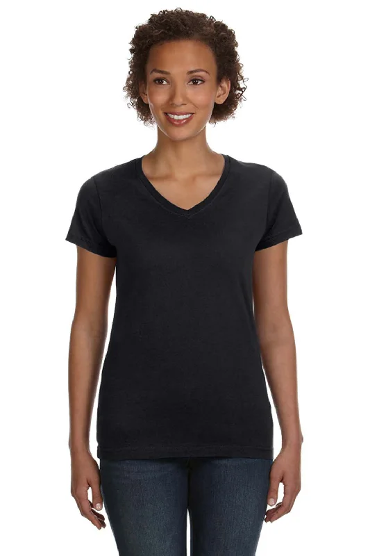 LAT Womens Fine Jersey Short Sleeve V-Neck T-Shirt - Black Silk Blend Satin Velvet