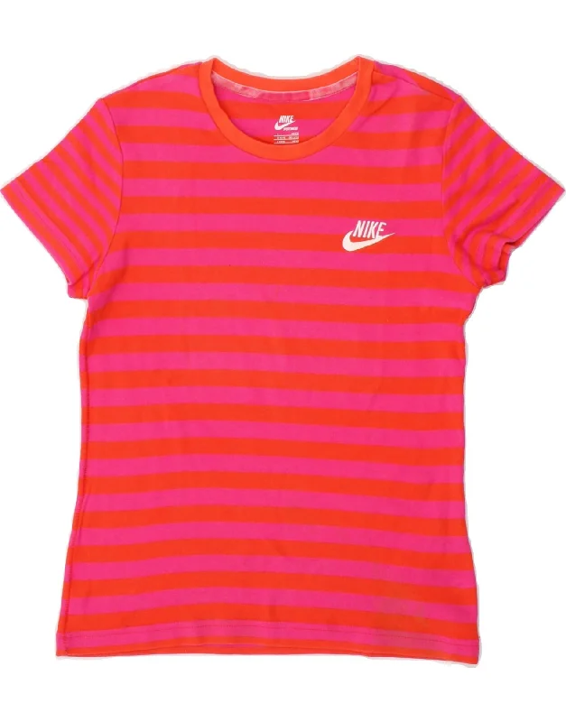 NIKE Womens T-Shirt Top UK 14/16 Large Pink Striped Cotton Modern Contemporary Chic