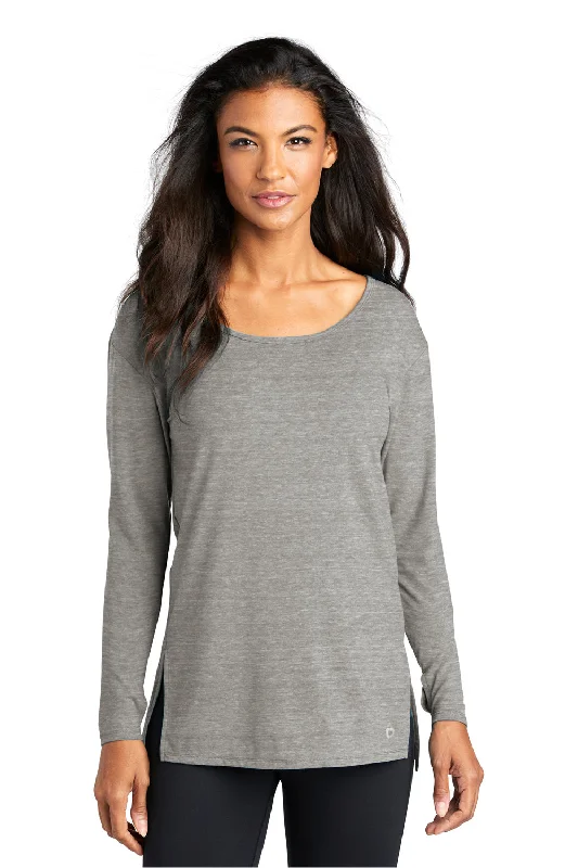 Ogio Womens Luuma Jersey Moisture Wicking Long Sleeve Wide Neck T-Shirt - Heather Petrol Grey Solid Print Embellished Ogio Womens Luuma Jersey Moisture Wicking Long Sleeve Wide Neck T-Shirt - Heather Petrol Grey Solid Print Embellished