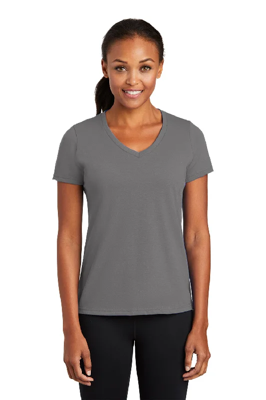 Port & Company Womens Dry Zone Performance Moisture Wicking Short Sleeve V-Neck T-Shirt - Medium Grey Fitted T-Shirt Seamless Stretchy
