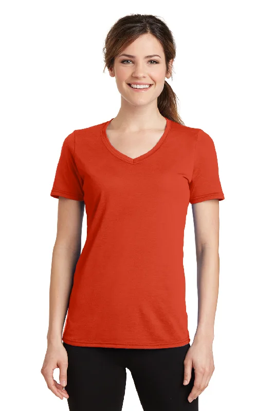 Port & Company Womens Dry Zone Performance Moisture Wicking Short Sleeve V-Neck T-Shirt - Orange - Closeout Front Pockets Side Pockets Patch Pockets Port & Company Womens Dry Zone Performance Moisture Wicking Short Sleeve V-Neck T-Shirt - Orange - Closeout Front Pockets Side Pockets Patch Pockets