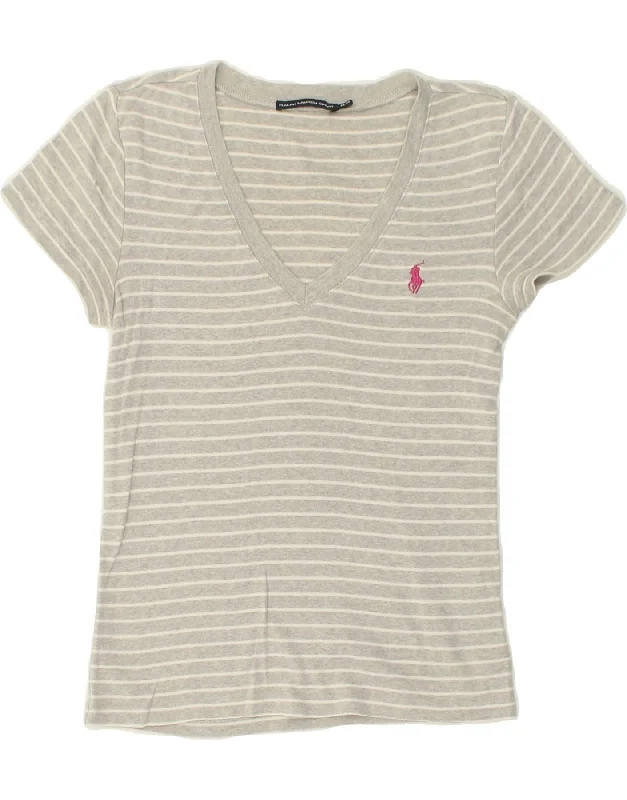 RALPH LAUREN Womens T-Shirt Top UK 12 Medium Grey Striped Cotton Mesh Blend Leather Blend Suede Blend RALPH LAUREN Womens T-Shirt Top UK 12 Medium Grey Striped Cotton Mesh Blend Leather Blend Suede Blend