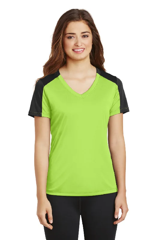 Sport-Tek Womens Competitor Moisture Wicking Short Sleeve V-Neck T-Shirt - Lime Shock Green/Black - Closeout Spandex Blend Rayon Blend Denim Blend Sport-Tek Womens Competitor Moisture Wicking Short Sleeve V-Neck T-Shirt - Lime Shock Green/Black - Closeout Spandex Blend Rayon Blend Denim Blend