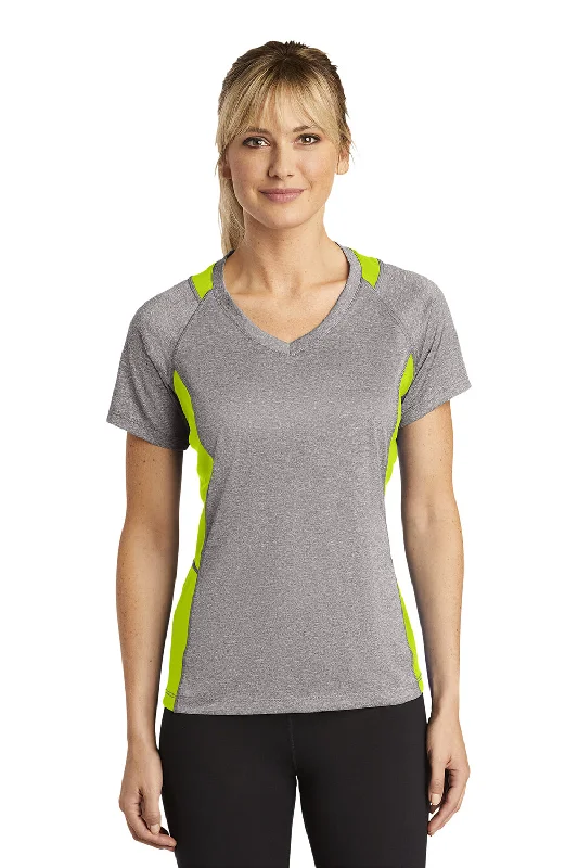 Sport-Tek Womens Contender Heather Moisture Wicking Short Sleeve V-Neck T-Shirt - Heather Vintage Grey/Lime Shock Green Satin Blend Silk Blend Wool Blend Sport-Tek Womens Contender Heather Moisture Wicking Short Sleeve V-Neck T-Shirt - Heather Vintage Grey/Lime Shock Green Satin Blend Silk Blend Wool Blend