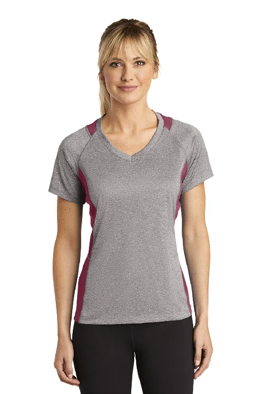 Sport-Tek Womens Contender Heather Moisture Wicking Short Sleeve V-Neck T-Shirt - Heather Vintage Grey/Maroon Rayon Fabric Velvet Fabric Corduroy Fabric Sport-Tek Womens Contender Heather Moisture Wicking Short Sleeve V-Neck T-Shirt - Heather Vintage Grey/Maroon Rayon Fabric Velvet Fabric Corduroy Fabric