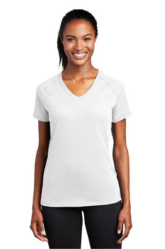 Sport-Tek Womens Ultimate Performance Moisture Wicking Short Sleeve V-Neck T-Shirt - White Zippered Front Buttoned Front Snap Front