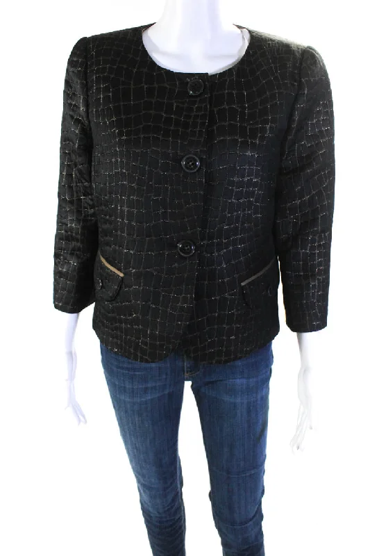 Armani Collezioni Womens Button Front Metallic Croc Printed Jacket Black Tailored Jacket Straight Jacket A-Line Jacket Armani Collezioni Womens Button Front Metallic Croc Printed Jacket Black Tailored Jacket Straight Jacket A-Line Jacket