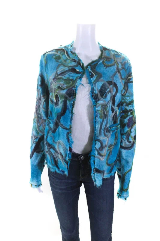 Avant Toi Womens Blue Printed Linen Open Front Long Sleeve Jacket One-Shoulder Jacket Off-the-Shoulder Jacket Asymmetrical Jacket Avant Toi Womens Blue Printed Linen Open Front Long Sleeve Jacket One-Shoulder Jacket Off-the-Shoulder Jacket Asymmetrical Jacket