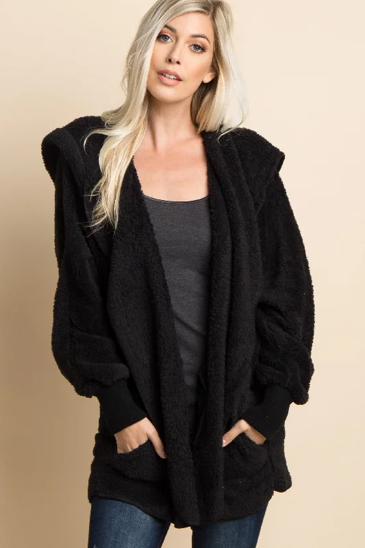 Black Fuzzy Hooded Long Sleeve Jacket Snapped Jacket Toggled Jacket Drawstring Jacket Black Fuzzy Hooded Long Sleeve Jacket Snapped Jacket Toggled Jacket Drawstring Jacket