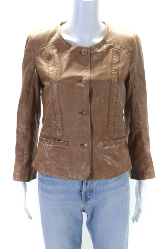 Bully Womens Leather Woven Textured Darted Buttoned Jacket Brown Print Jacket Jacquard Jacket Patchwork Jacket Bully Womens Leather Woven Textured Darted Buttoned Jacket Brown Print Jacket Jacquard Jacket Patchwork Jacket