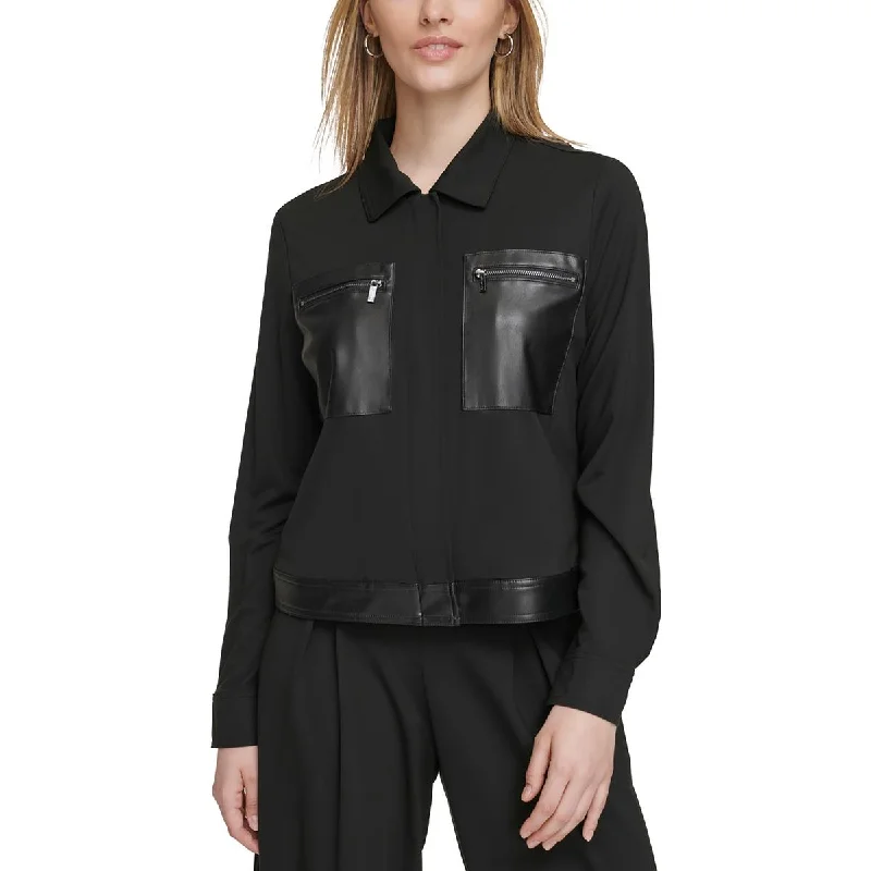 Calvin Klein Womens Faux Leather Trim Nylon Trucker Jacket Notch Collar Peter Pan Collar Cowl Neck Calvin Klein Womens Faux Leather Trim Nylon Trucker Jacket Notch Collar Peter Pan Collar Cowl Neck