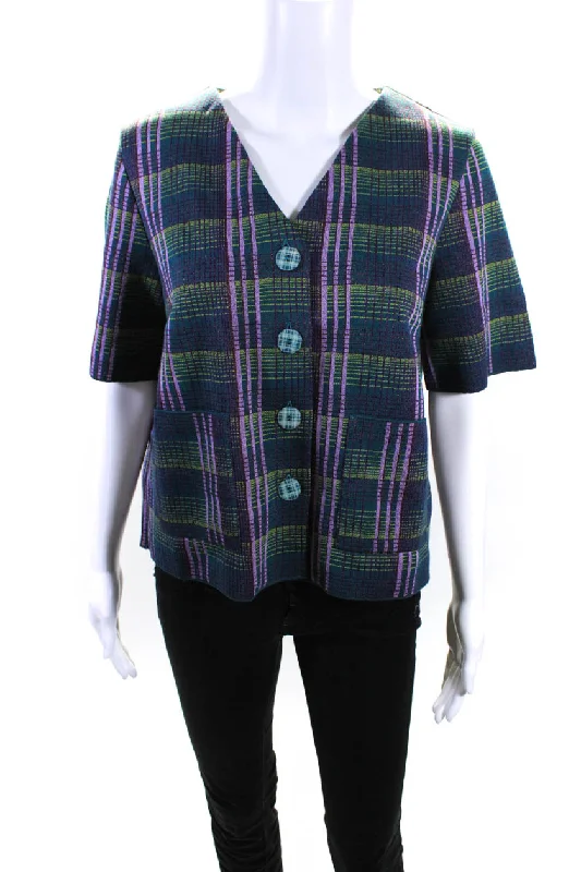 Catherine Andre Womens Short Sleeve Knit Plaid V Neck Jacket Multicolor Anorak Shell Jacket Lightweight Jacket Catherine Andre Womens Short Sleeve Knit Plaid V Neck Jacket Multicolor Anorak Shell Jacket Lightweight Jacket