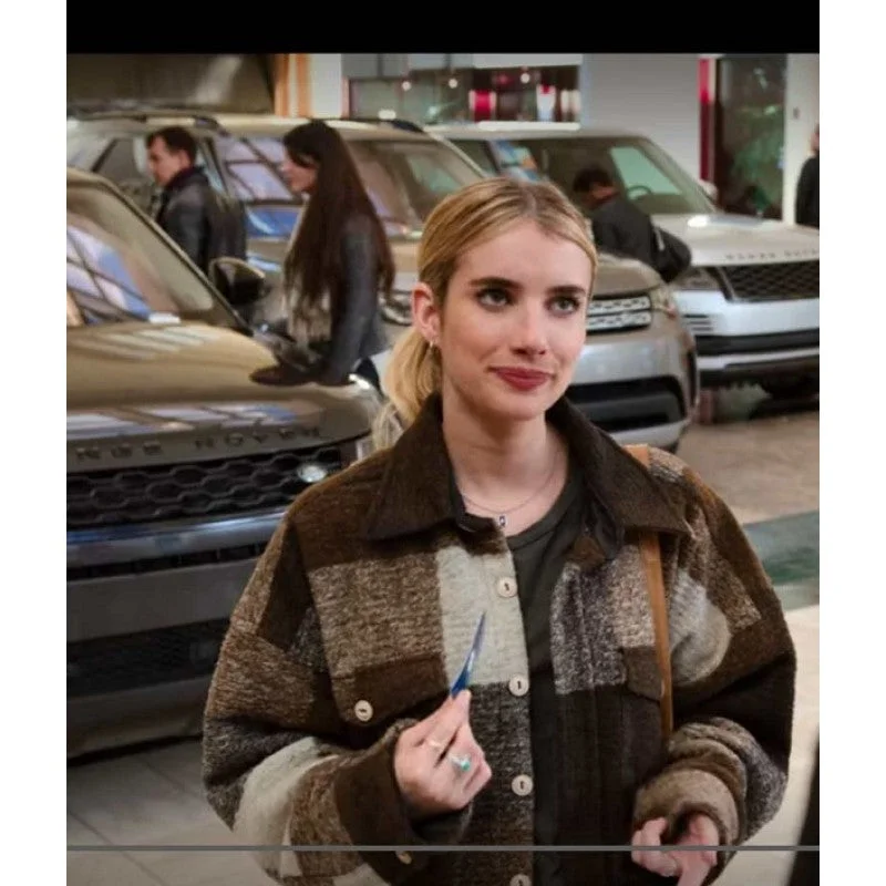 Emma Roberts Holidate Sloane Plaid Jacket Satin Fabric Silk Fabric Chiffon Fabric