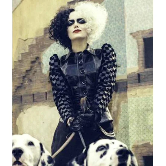 Emma Stone Cruella Deville Black Leather Jacket Zip Front Button Front Snap Front