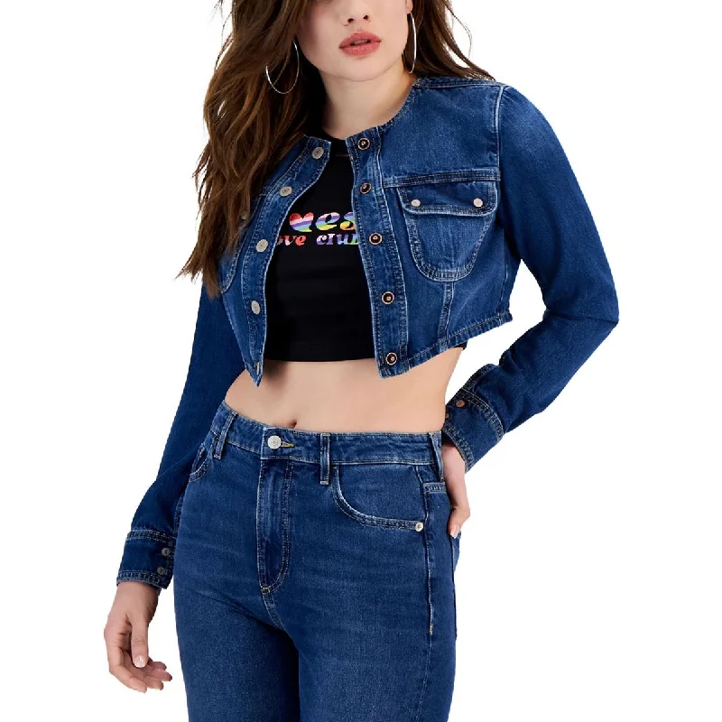 Guess Womens Lyssa Collarless Short Denim Jacket Boat Neck Shawl Collar Notched Collar Guess Womens Lyssa Collarless Short Denim Jacket Boat Neck Shawl Collar Notched Collar