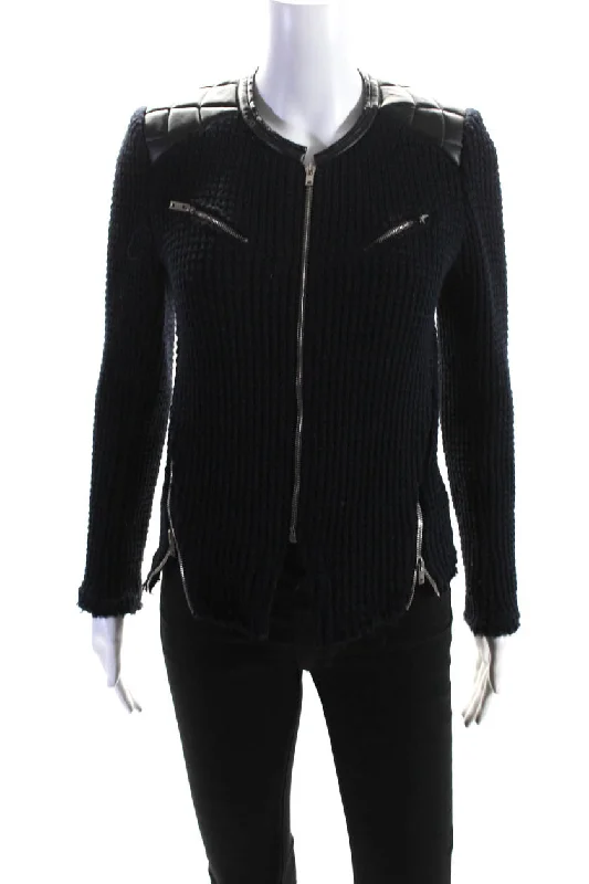 IRO Womens Zippered Leather Accent Thick Knit Sweater Jacket Blue Black Chenille Jacket Brocade Jacket Lace Jacket IRO Womens Zippered Leather Accent Thick Knit Sweater Jacket Blue Black Chenille Jacket Brocade Jacket Lace Jacket