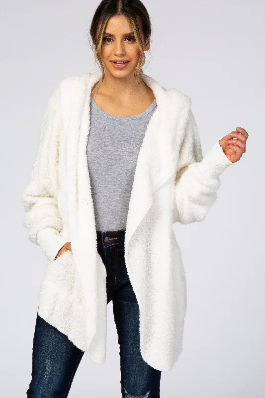 Ivory Fuzzy Hooded Long Sleeve Jacket Bomber Jacket Anorak Windbreaker