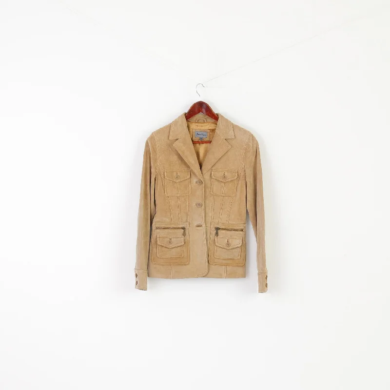 Joie de Vivre Women 10 S Jacket Beige Leather Suede Vintage Boho Shoulder Pads Top A-Line Jacket Boat Neck Shawl Collar Joie de Vivre Women 10 S Jacket Beige Leather Suede Vintage Boho Shoulder Pads Top A-Line Jacket Boat Neck Shawl Collar