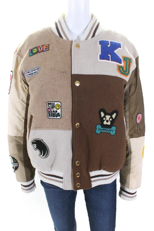 Khrisjoy Womens Varsity Button Down Jacket Beige Brown Wool Striped Jacket Polka Dot Jacket Floral Jacket Khrisjoy Womens Varsity Button Down Jacket Beige Brown Wool Striped Jacket Polka Dot Jacket Floral Jacket