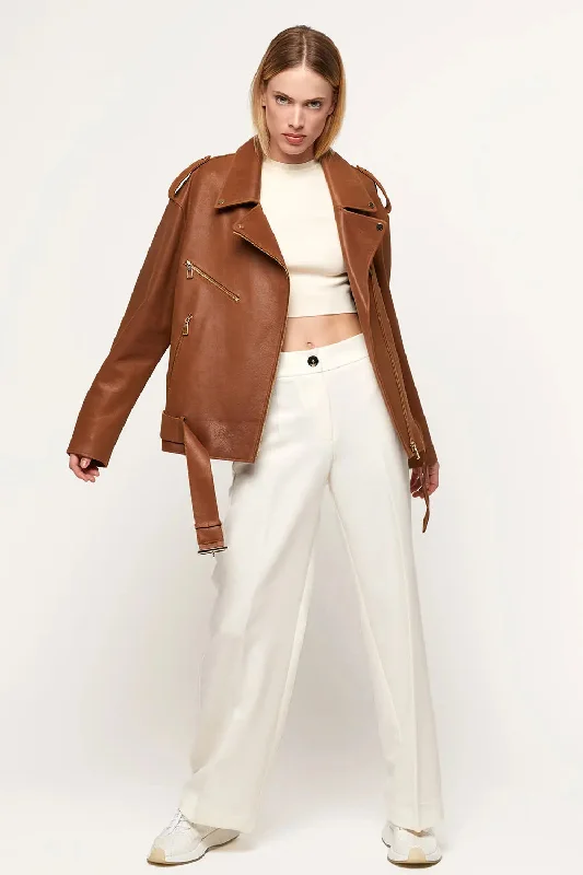 Light brown leather jacket women A-Line Jacket Boat Neck Shawl Collar